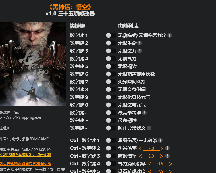 黑神话悟空三十五项修改器免费下载(风灵月影)